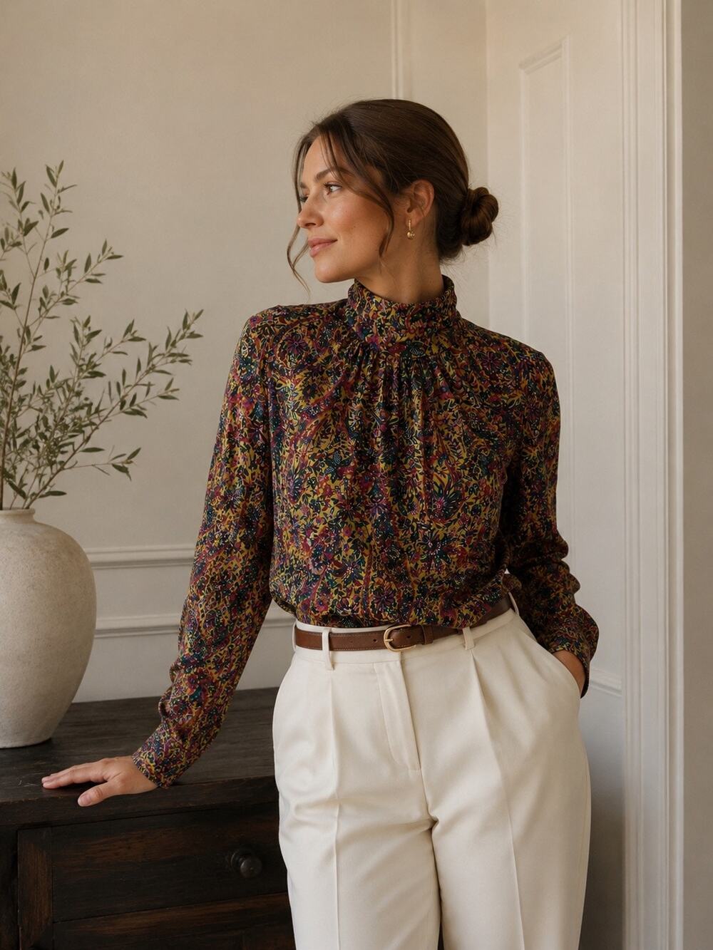 Marc Jacobs 100% Silk Paisley Floral Longsleeve Zip Up Mockneck Blouse Size 4